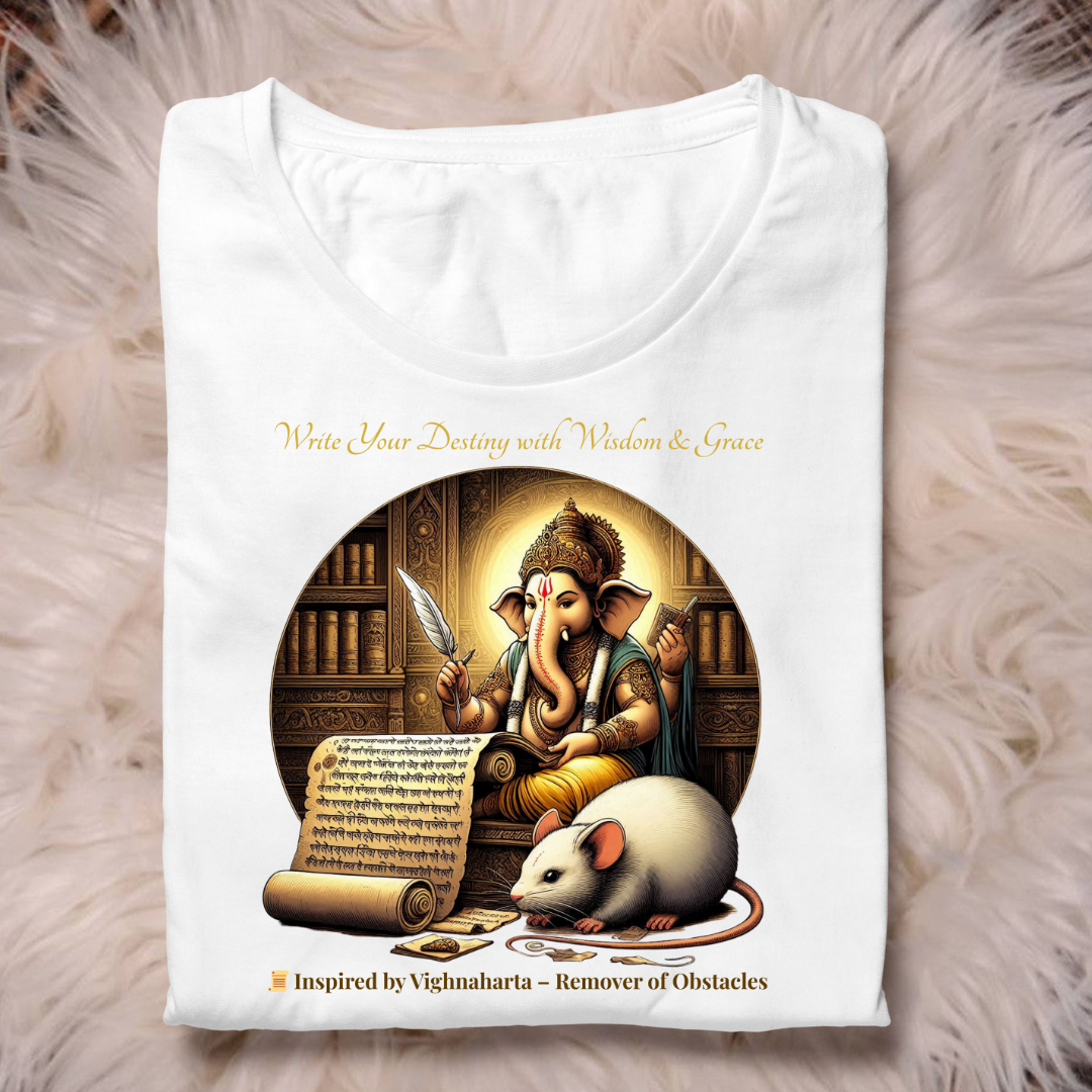 Divine Ganpati Wisdom T-Shirt – Unisex Cotton Tee | “Write Your Destiny” Art Print | Festive & Spiritual Wear