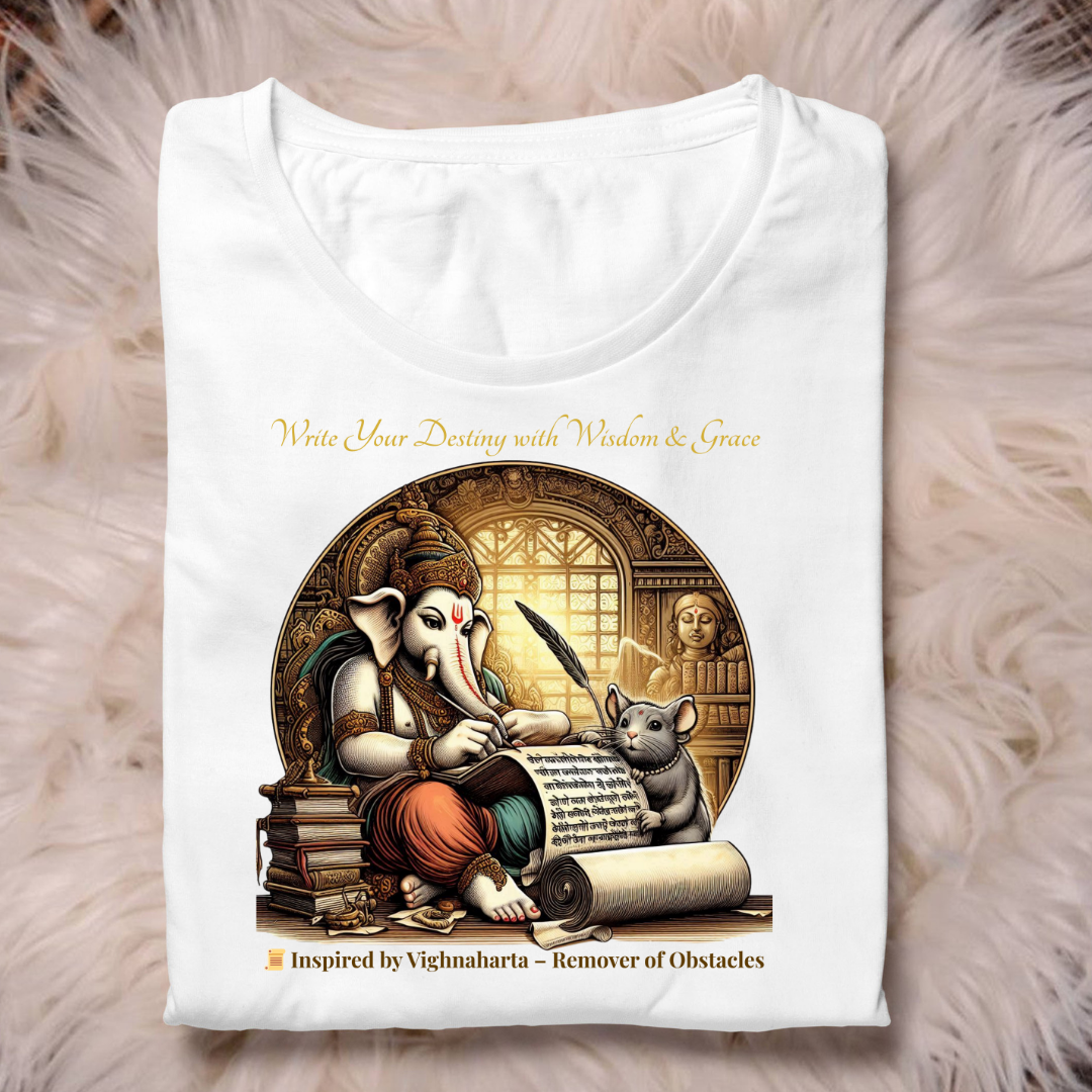 Write Your Destiny with Wisdom – Ganpati Graphic Unisex T-Shirt | Festive Spiritual Wear | 100% Cotton Tee