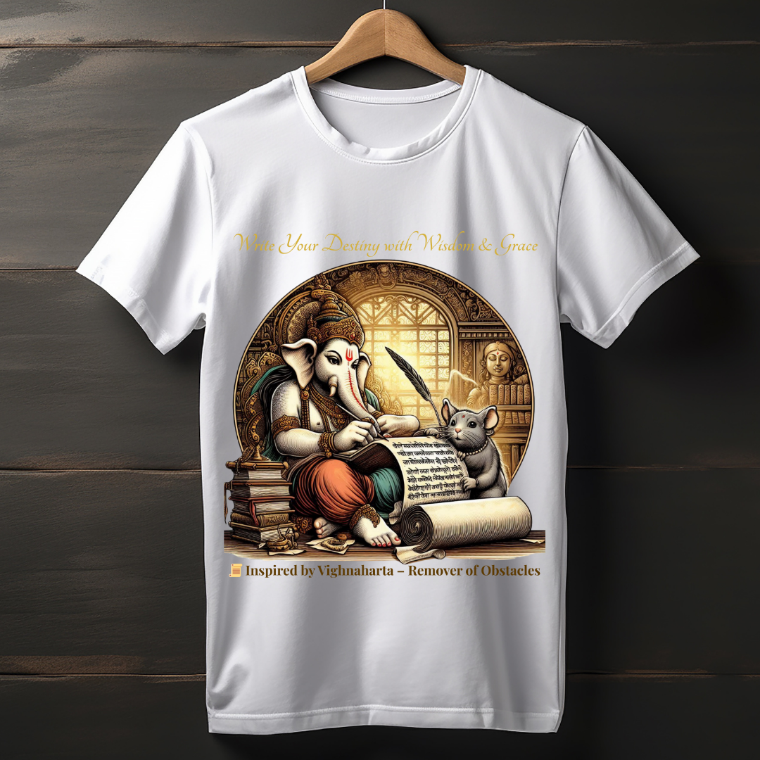 Write Your Destiny with Wisdom – Ganpati Graphic Unisex T-Shirt | Festive Spiritual Wear | 100% Cotton Tee