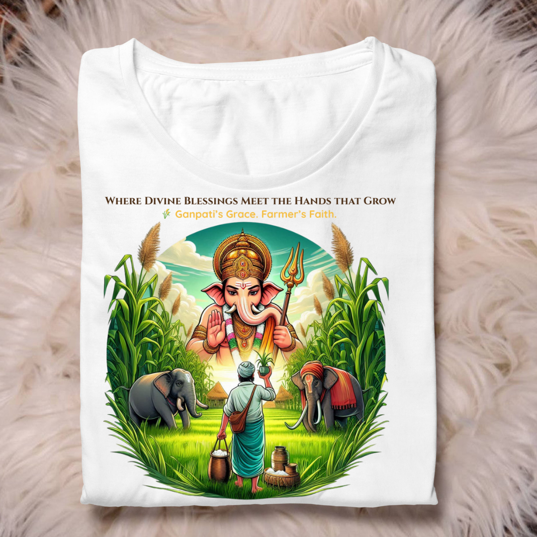 Divine Harvest β Ganpati Blessings T-Shirt | Unisex Cotton Tee for Farmers & Festivals | Spiritual Graphic Wear