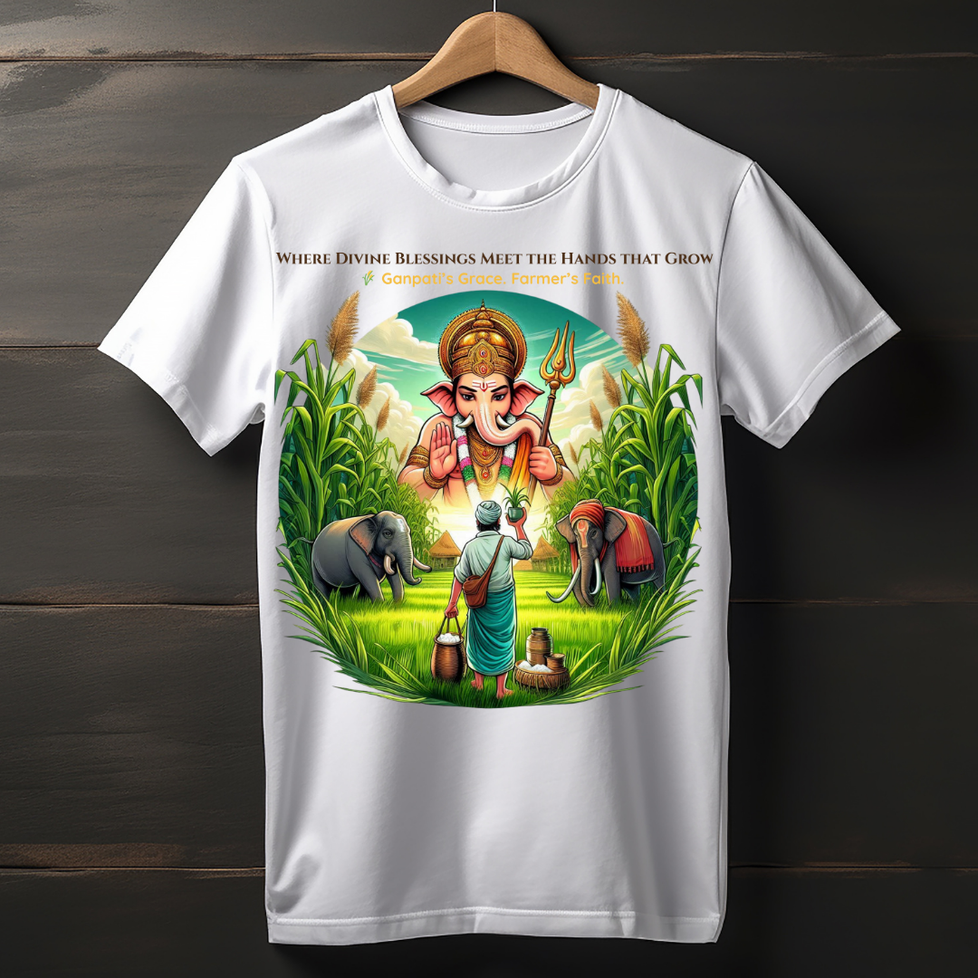 Divine Harvest β Ganpati Blessings T-Shirt | Unisex Cotton Tee for Farmers & Festivals | Spiritual Graphic Wear