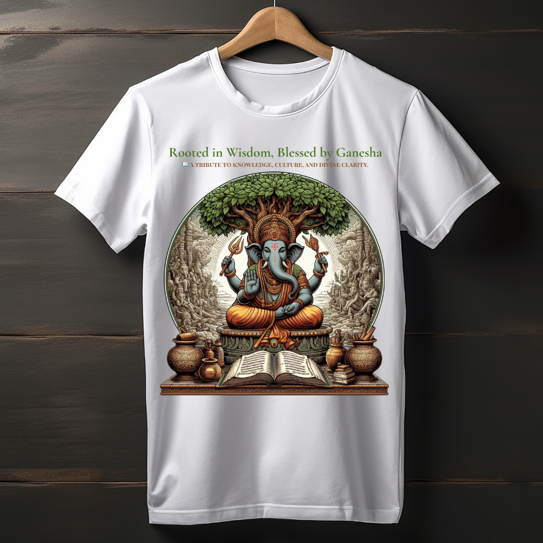 Rooted in Wisdom, Blessed by Ganesha – Unisex Spiritual Cotton T-Shirt | Tree of Knowledge Ganpati Tee for Men & Women