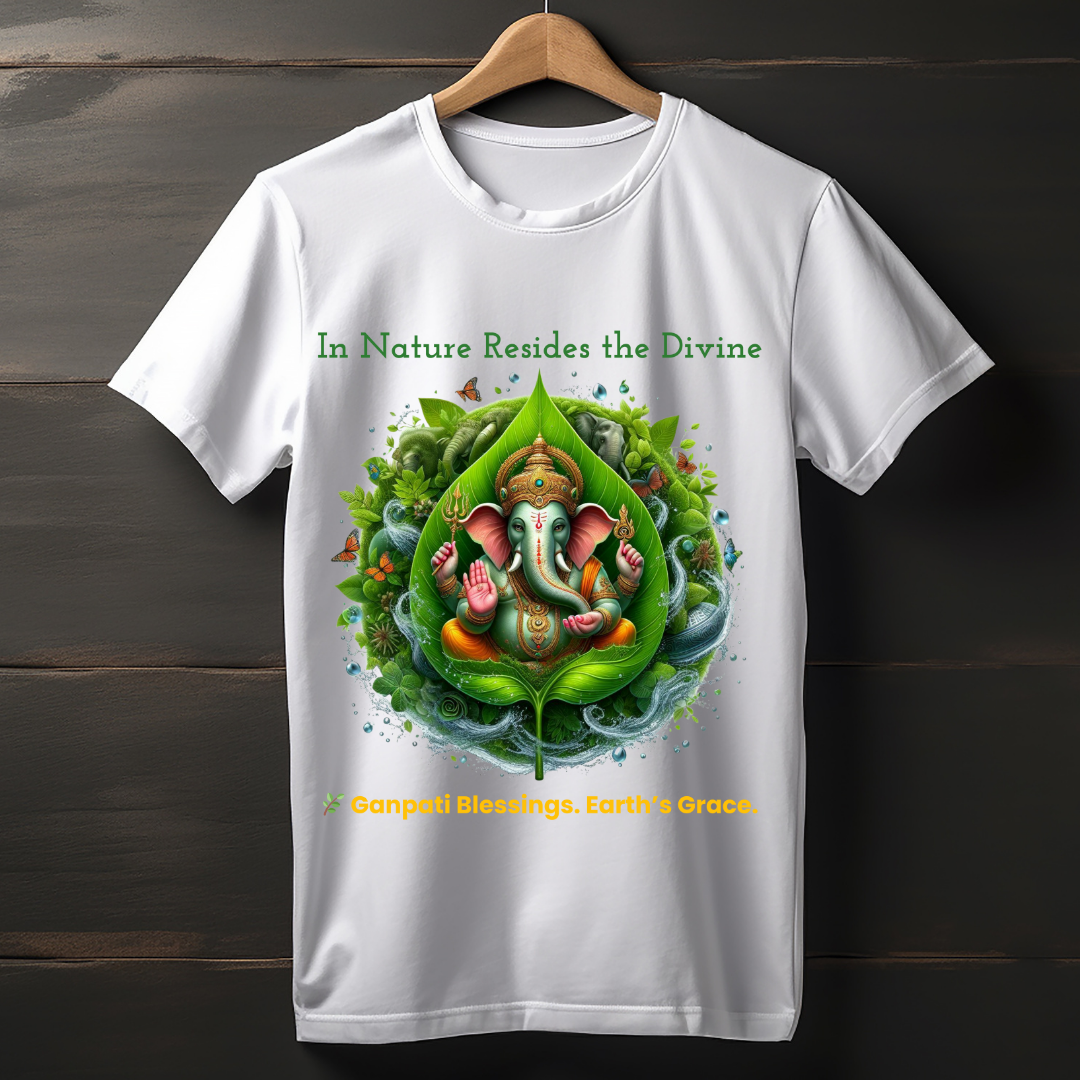 Eco Ganpati Blessings T-Shirt – Unisex Cotton Tee for Ganesh Chaturthi | Nature-Inspired Spiritual Wear