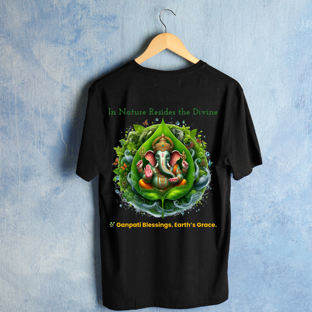 Eco Ganpati Blessings T-Shirt – Unisex Cotton Tee for Ganesh Chaturthi | Nature-Inspired Spiritual Wear