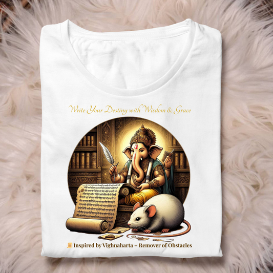 Divine Ganpati Wisdom T-Shirt – Unisex Cotton Tee | “Write Your Destiny” Art Print | Festive & Spiritual Wear