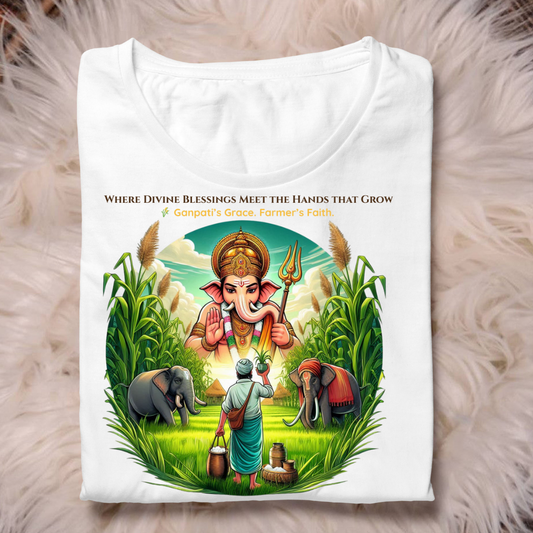 Divine Harvest – Ganpati Blessings T-Shirt | Unisex Cotton Tee for Farmers & Festivals | Spiritual Graphic Wear