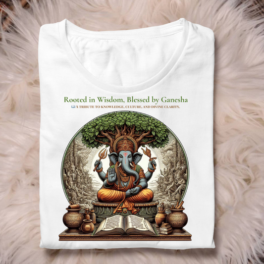 Rooted in Wisdom, Blessed by Ganesha – Unisex Spiritual Cotton T-Shirt | Tree of Knowledge Ganpati Tee for Men & Women